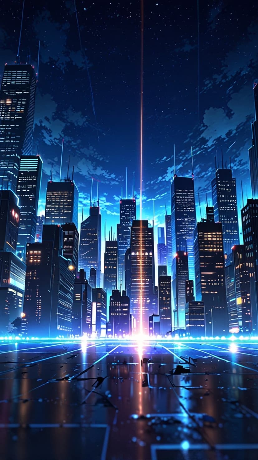 Neon skyscrapers and blue energy streaks reflect on wet pavement under a starry night sky in a sci-fi cityscape.