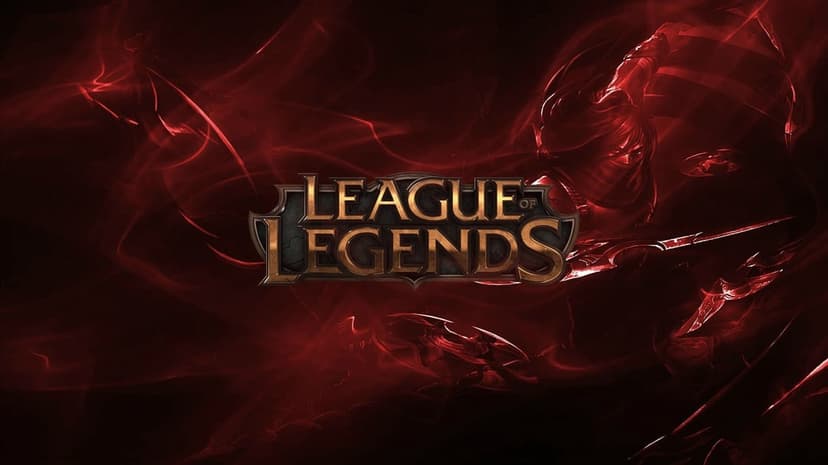 League of Legends logo centered over a red hooded character silhouette amidst crimson smoke and glowing light.