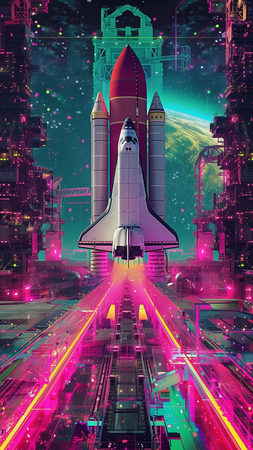 Space shuttle launching from a futuristic city glowing with pink and teal neon lights beneath a distant planet.