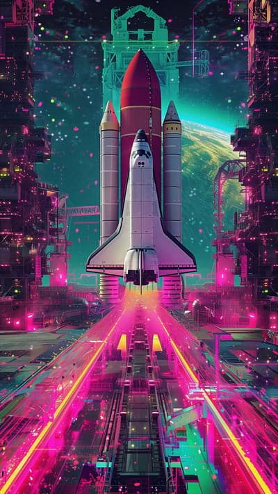 Futuristic Space Shuttle Launching Over Neon Cyberpunk City