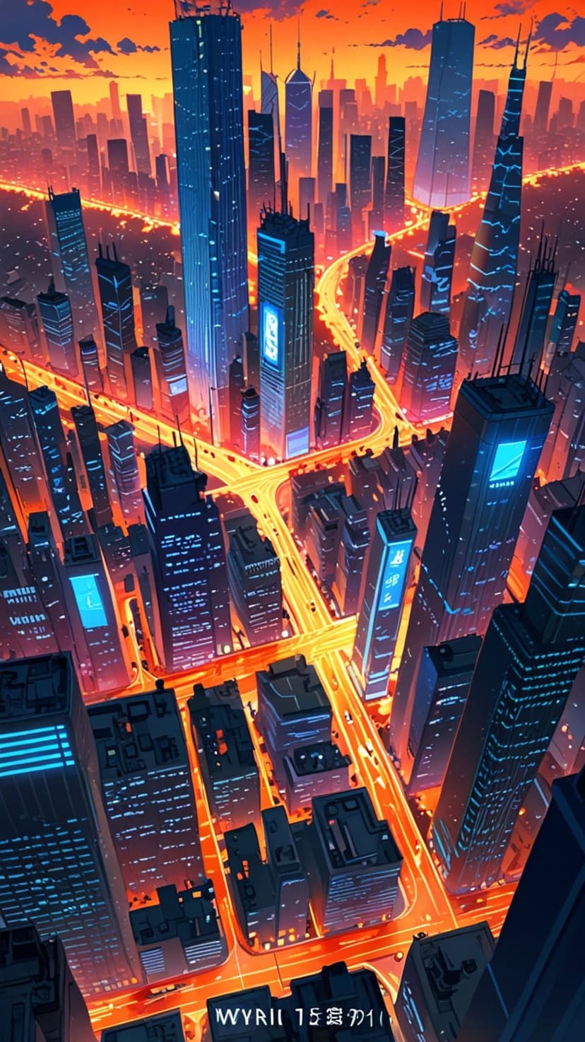 Towering futuristic skyscrapers illuminate a dark urban landscape with neon blue and purple lights at dusk.