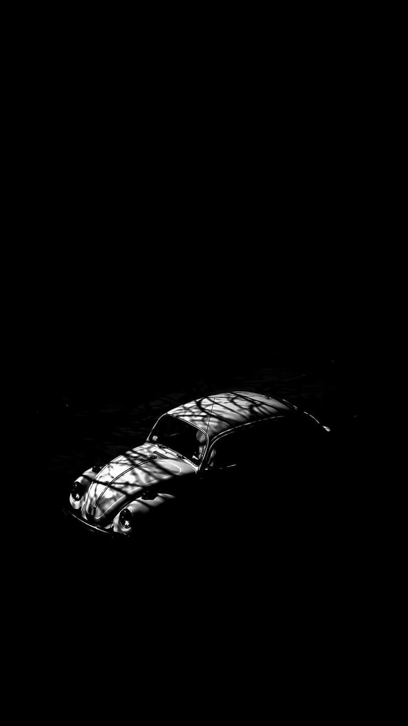 Volkswagen Beetle partially illuminated by dappled light against a black background in high-contrast monochrome.