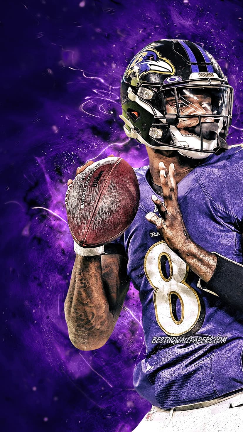 Lamar Jackson in a Baltimore Ravens uniform grips a football surrounded by vibrant, glowing purple energy trails.