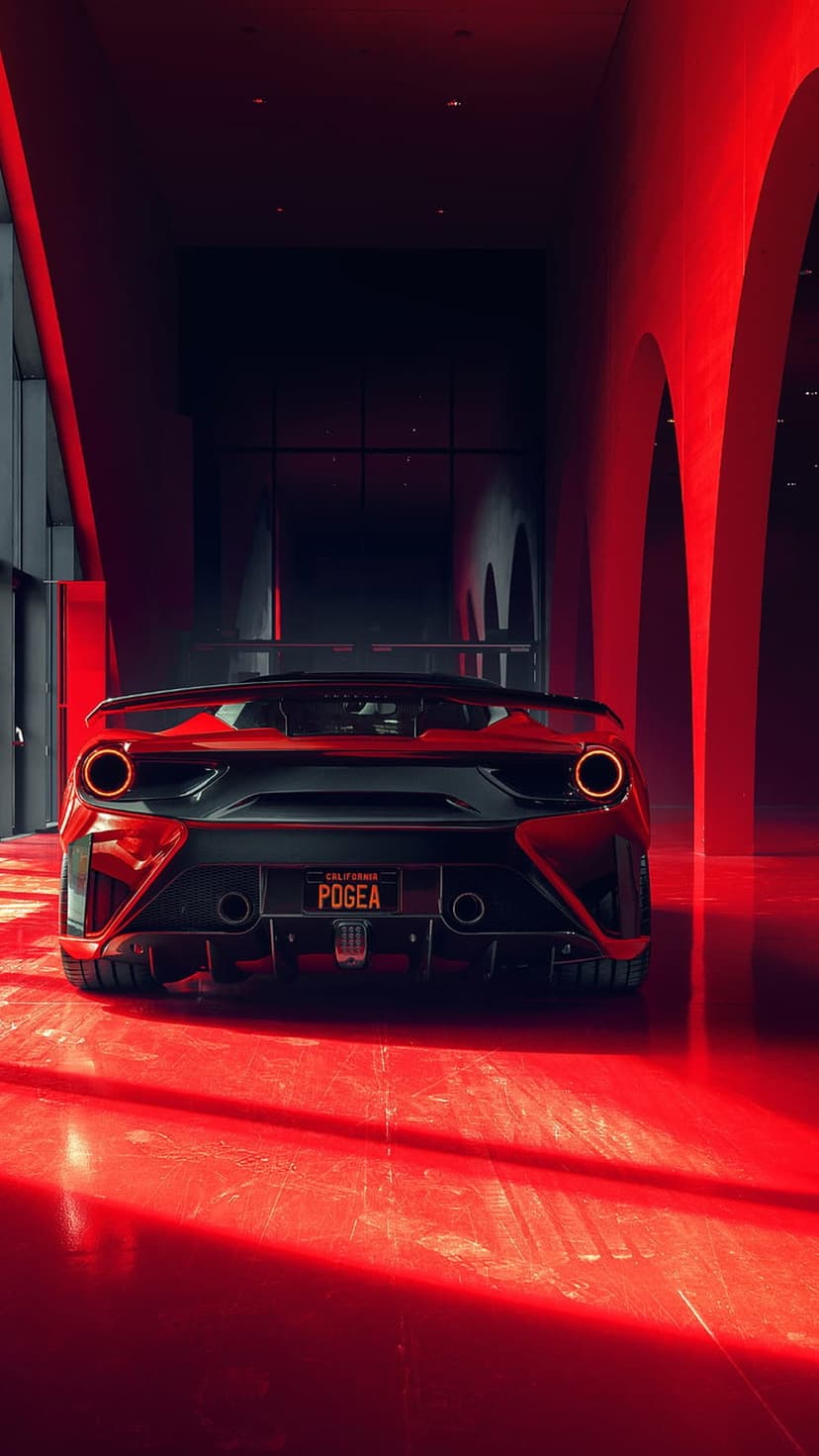 Red Ferrari rear view with glowing taillights parked on a reflective floor in a minimalist red architectural space.