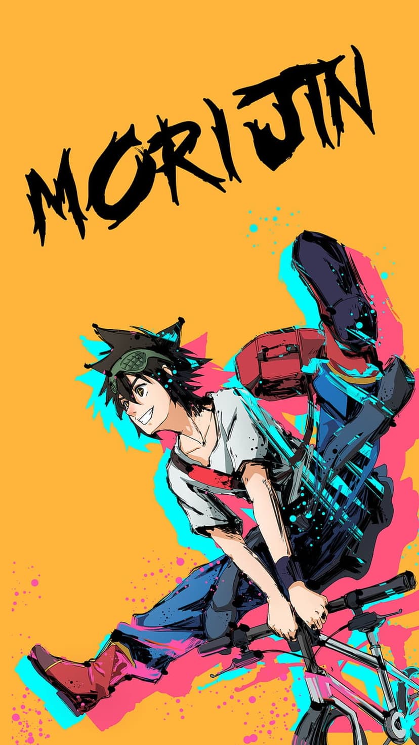 Mori Jin maneuvers a BMX bike mid-air with kinetic energy lines and bold saturated colors in the background.