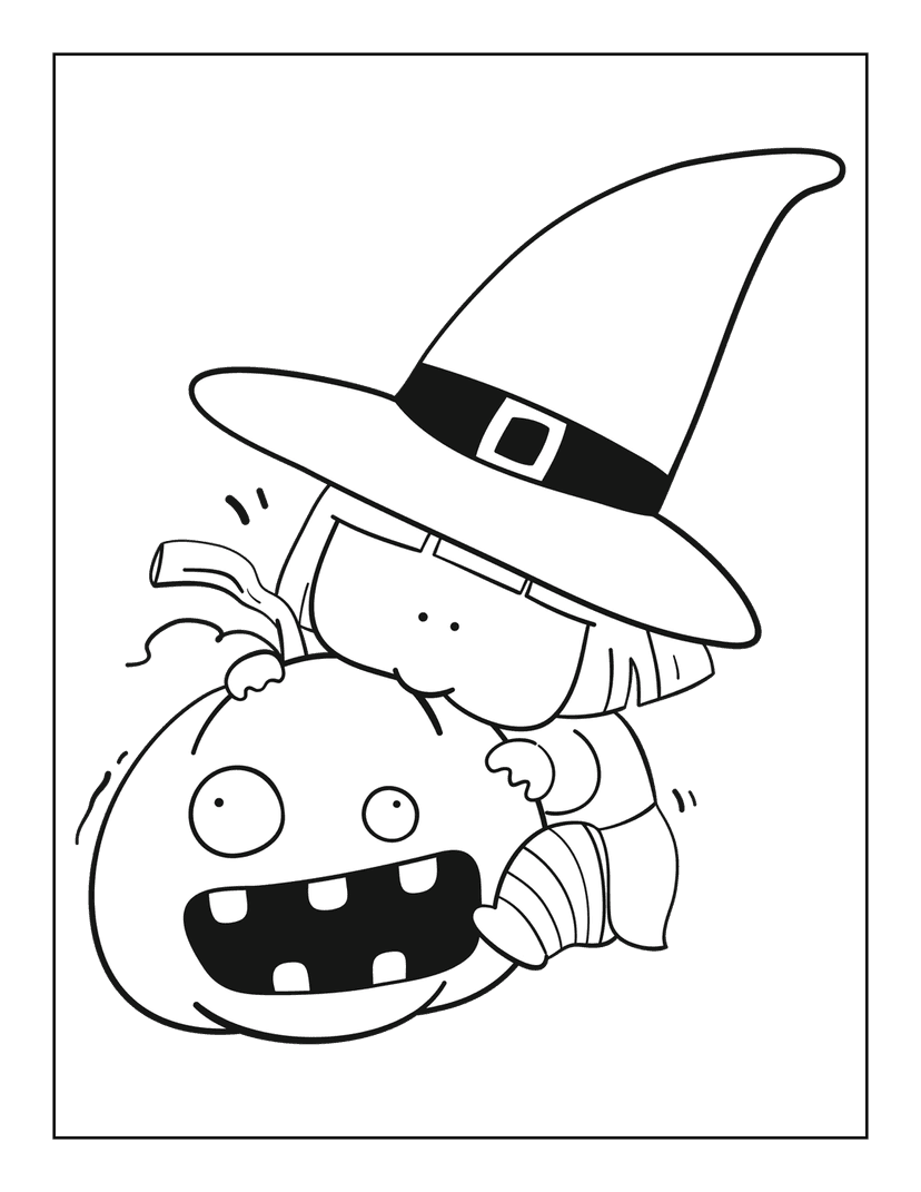Witch pumpkin coloring page featuring a cartoon character in a pointed hat behind a carved holiday vegetable.