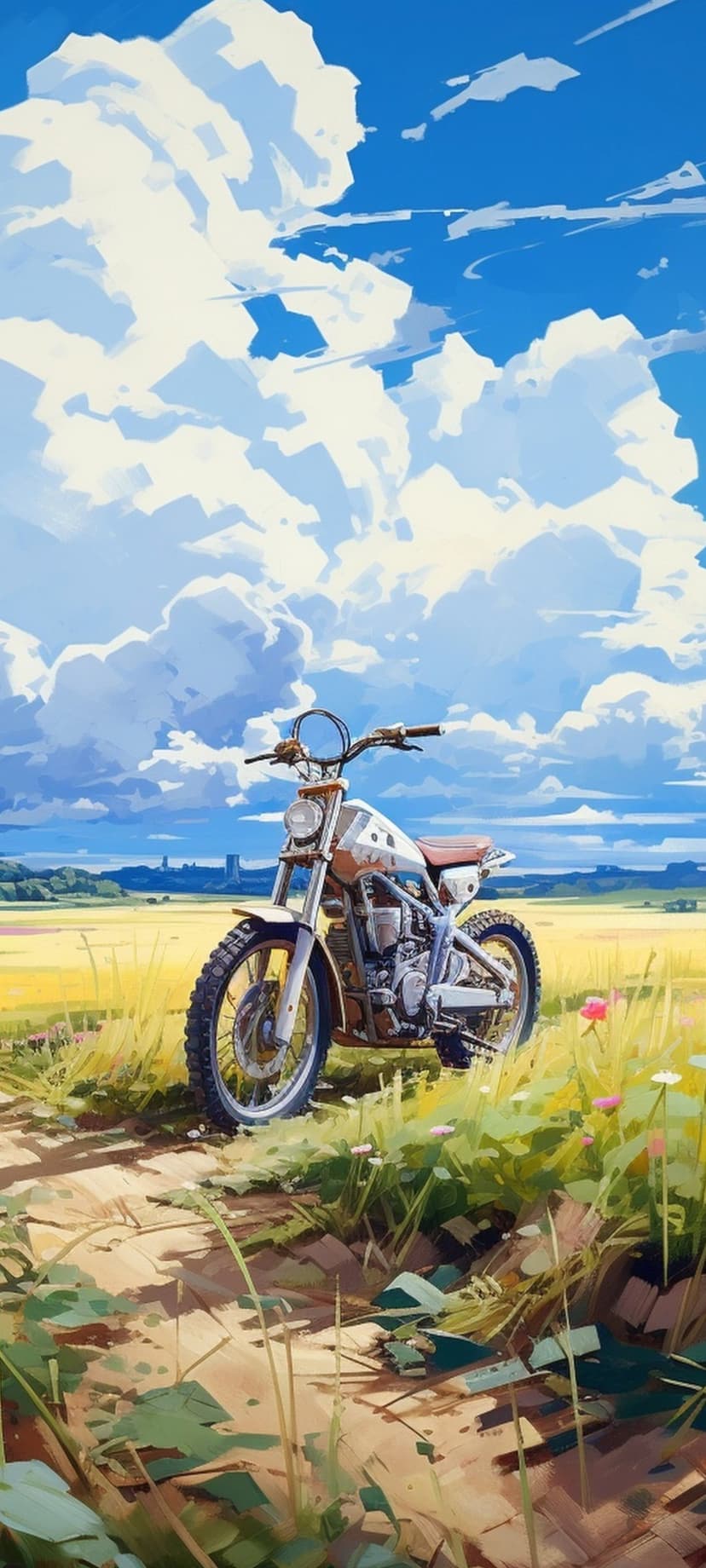 Vintage motorcycle on a dirt trail through golden grass with white clouds in a blue sky and a distant city.
