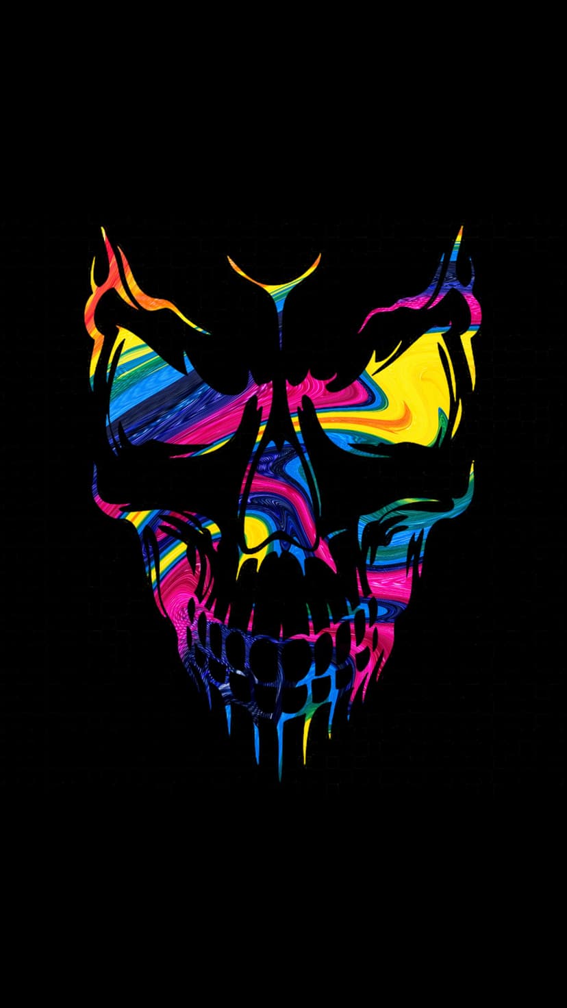Human skull filled with swirling neon liquid paint patterns centered on a solid black vertical background.