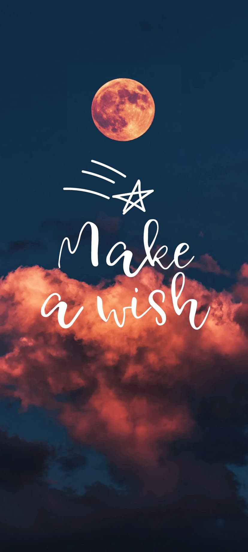Large orange moon amidst fiery red clouds with cursive Make a Wish text and a small shooting star graphic.