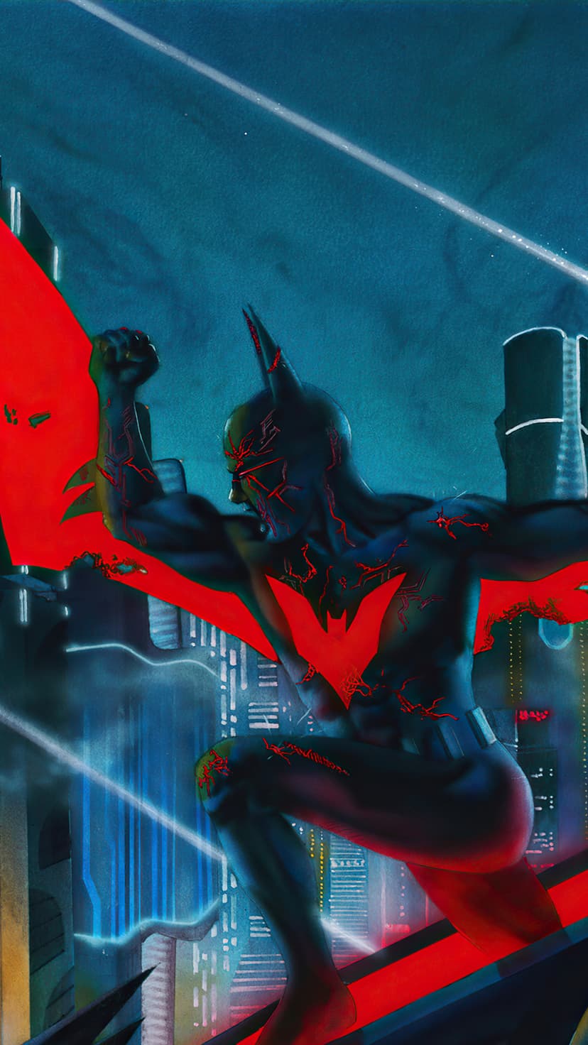 Batman Beyond leaps through a futuristic city filled with neon blue lights and glowing red suit circuitry.