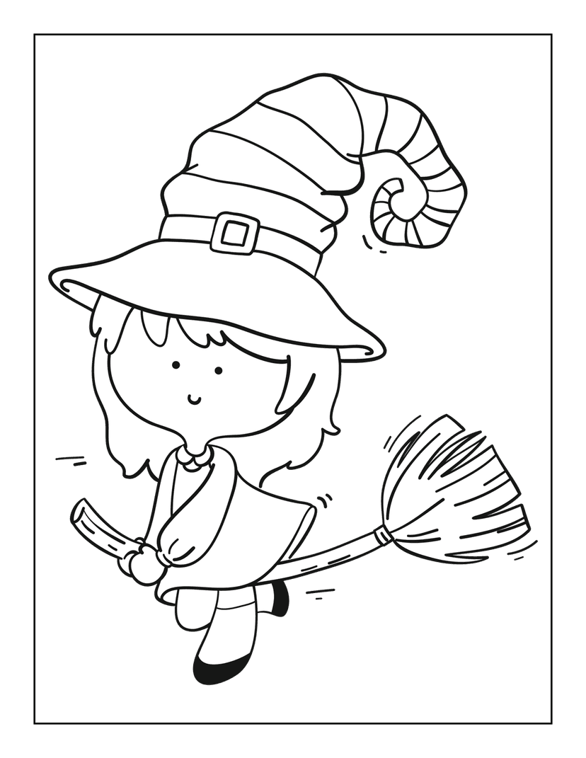 Witch flying on broomstick coloring page featuring a character in a striped hat and black line art outlines.