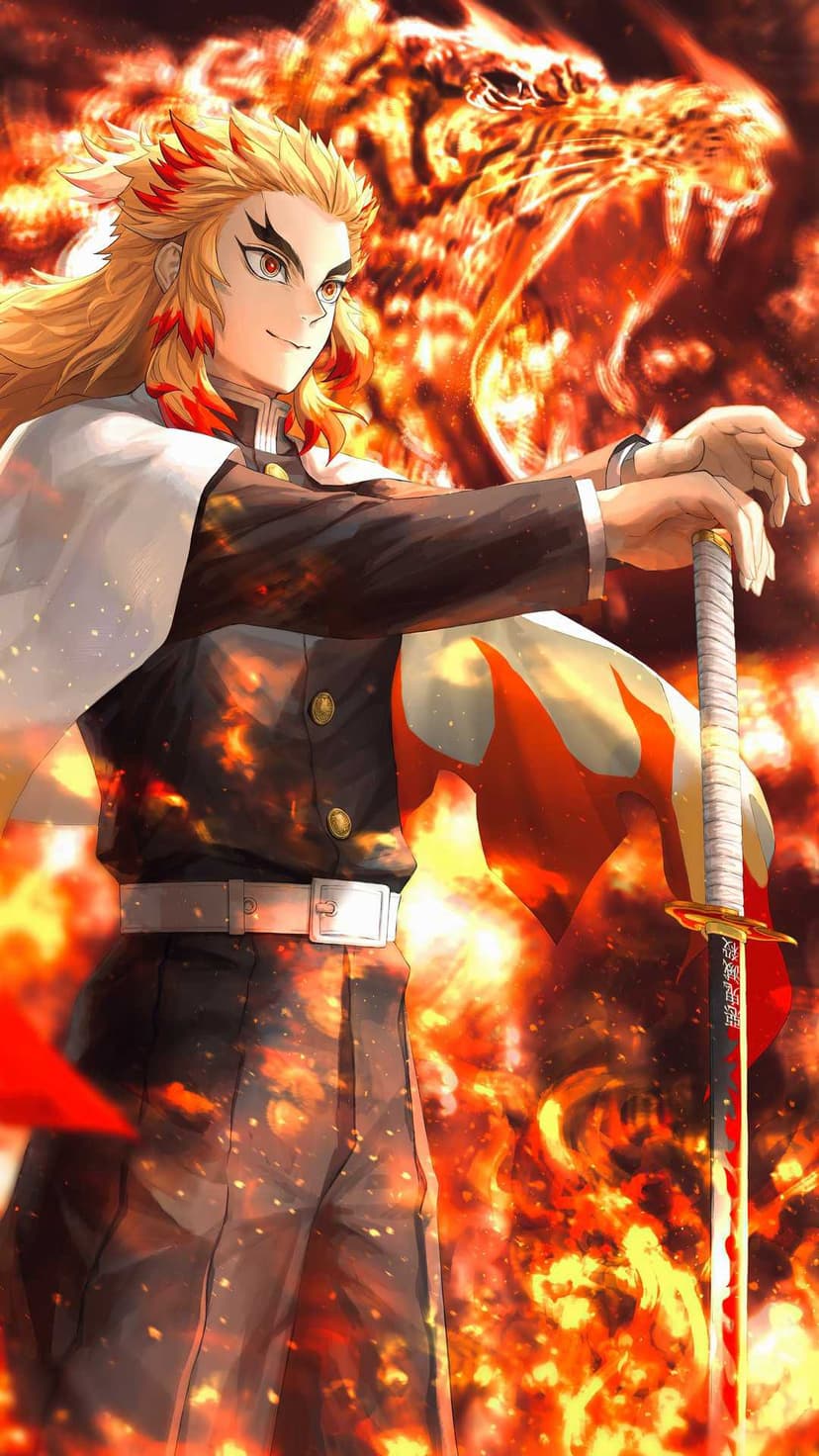 Kyojuro Rengoku holds his sword while a giant fire tiger roars behind him amidst intense orange and red flames.