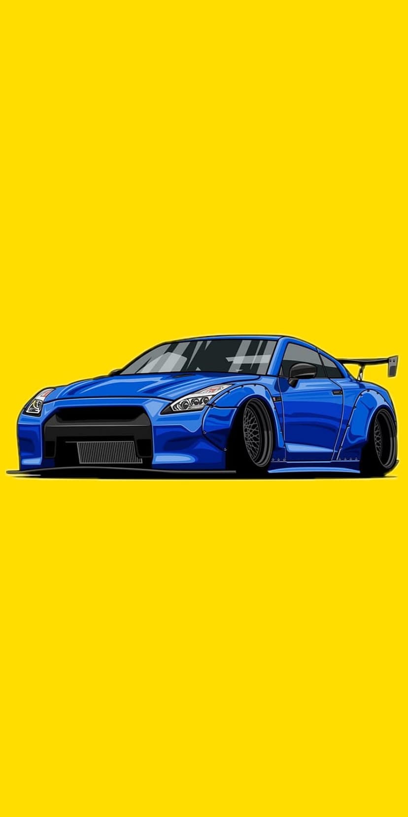 Blue sports car with a wide body kit and large spoiler positioned against a solid bright yellow background.
