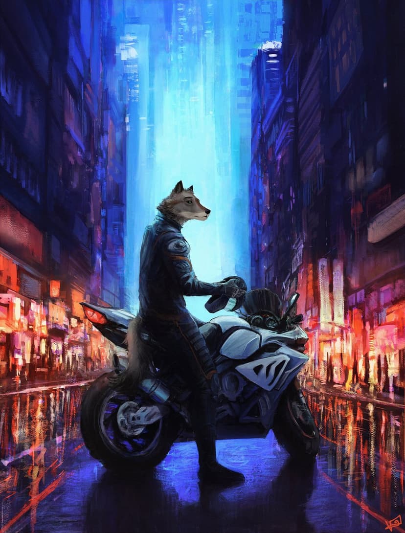 Anthropomorphic wolf in biker gear sits on a white motorcycle amidst glowing neon city lights and wet pavement.