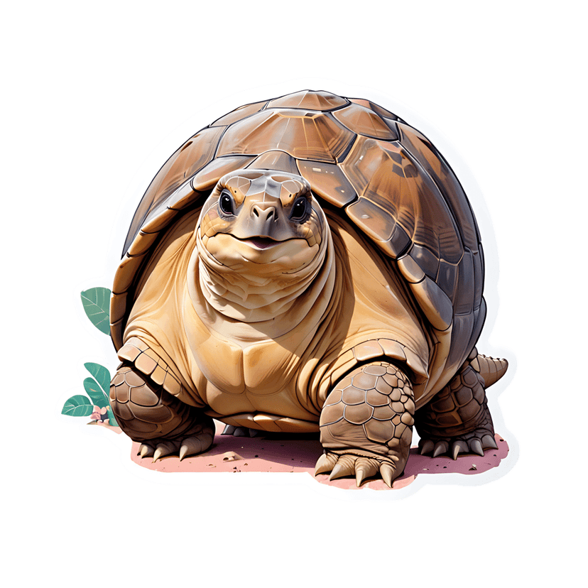 Tan tortoise sticker illustration showing a front view with a glossy shell, pink flowers, and white outline.