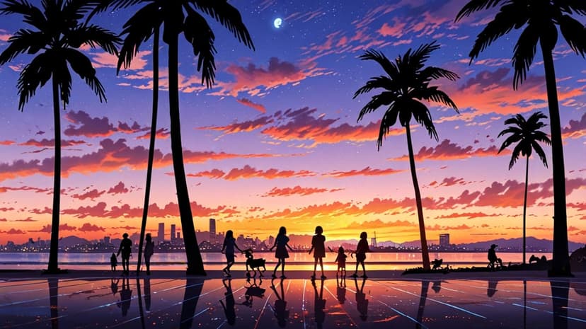 Palm trees and walking figures silhouette against a vibrant orange sunset sky with a distant city skyline.