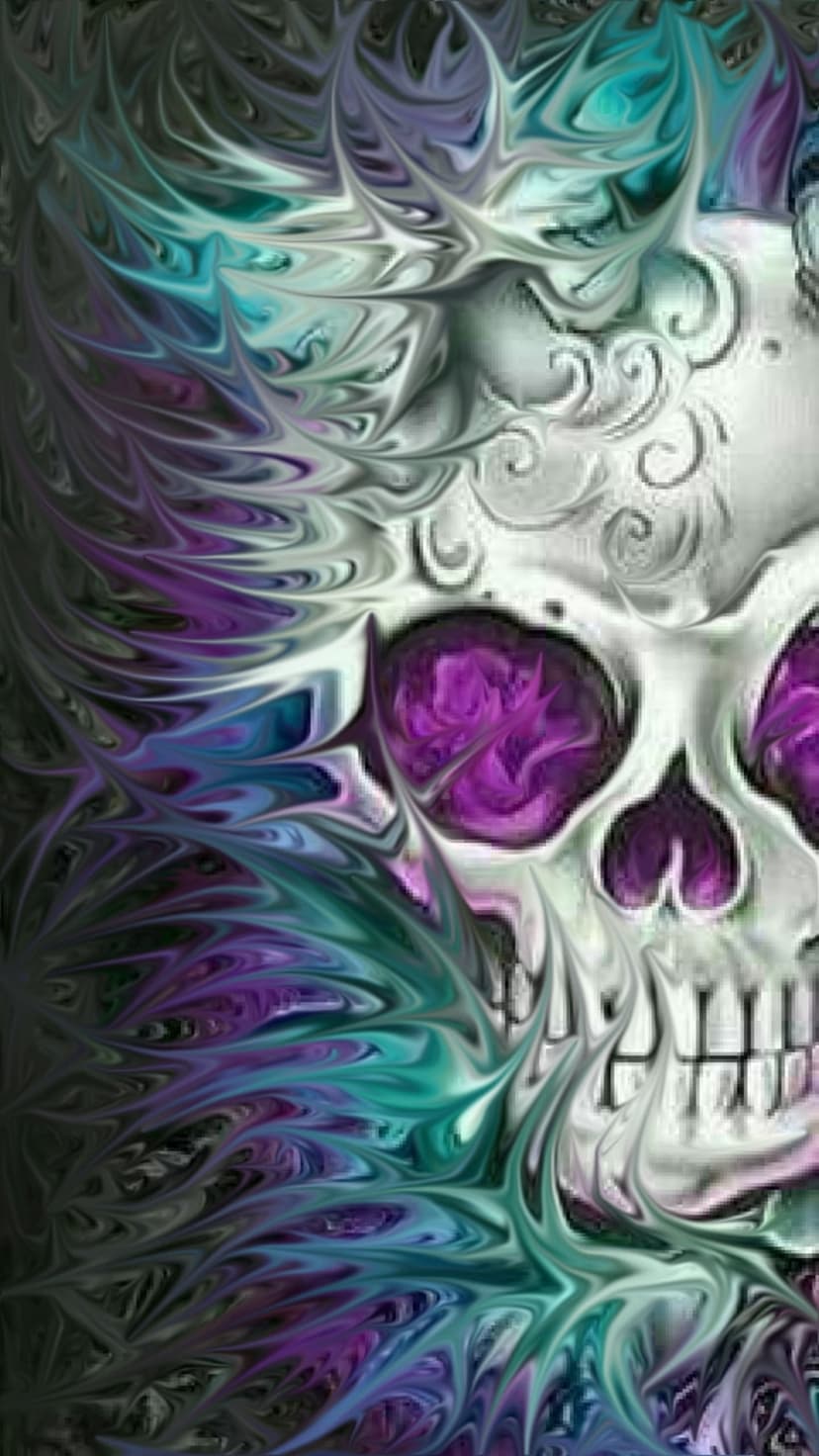 Stylized skull with intricate violet and turquoise liquid swirls flowing across the eye sockets and cranium.