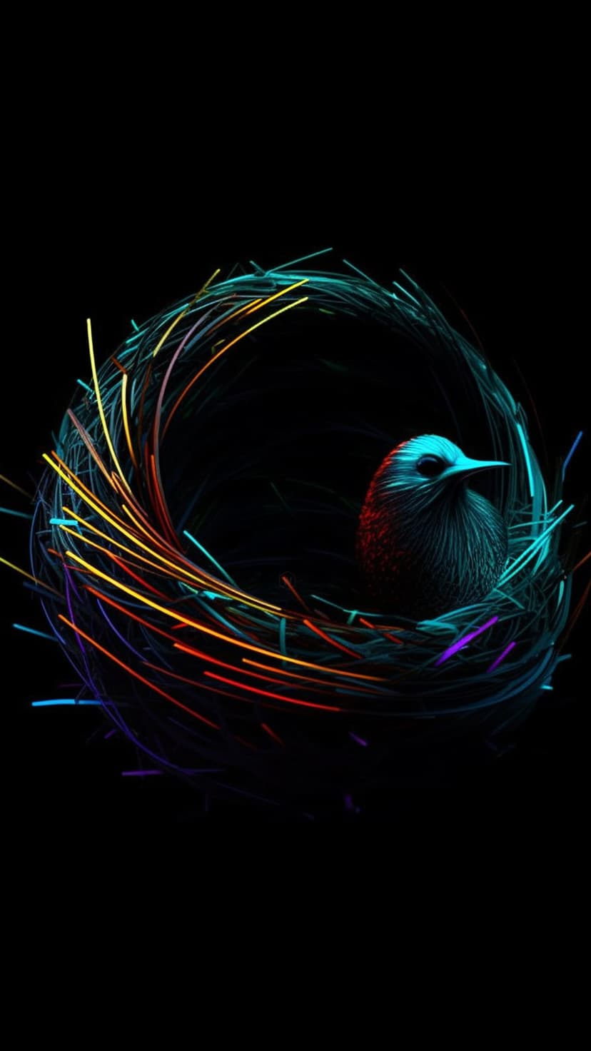 Small bird glowing in blue and red light sits inside a multicolored nest of neon strands on a black background.