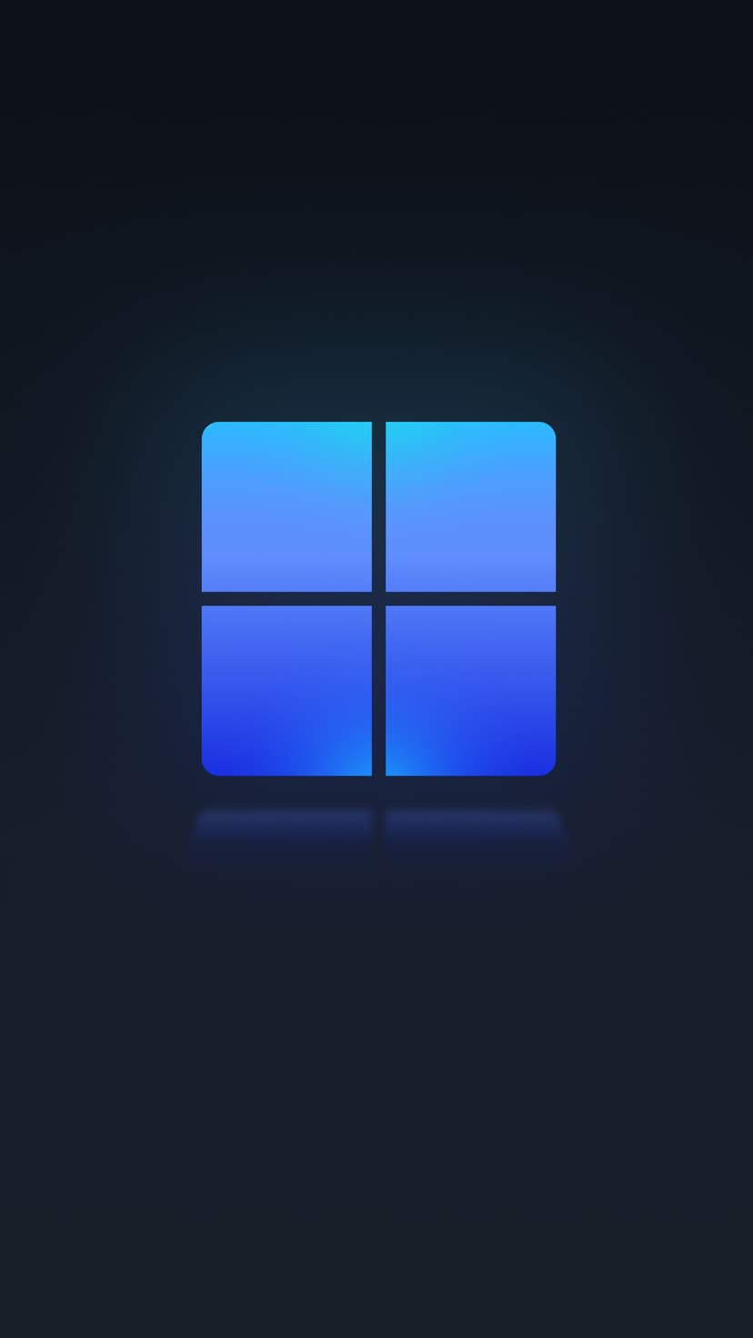 Windows 11 logo with a blue gradient glow centered on a dark navy and black minimalist background for mobile.