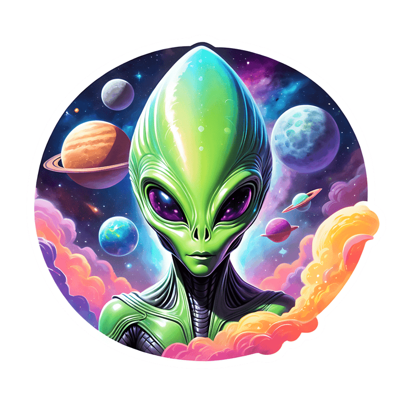 Circular cosmic alien sticker depicting a green extraterrestrial head with large purple eyes against a nebula.