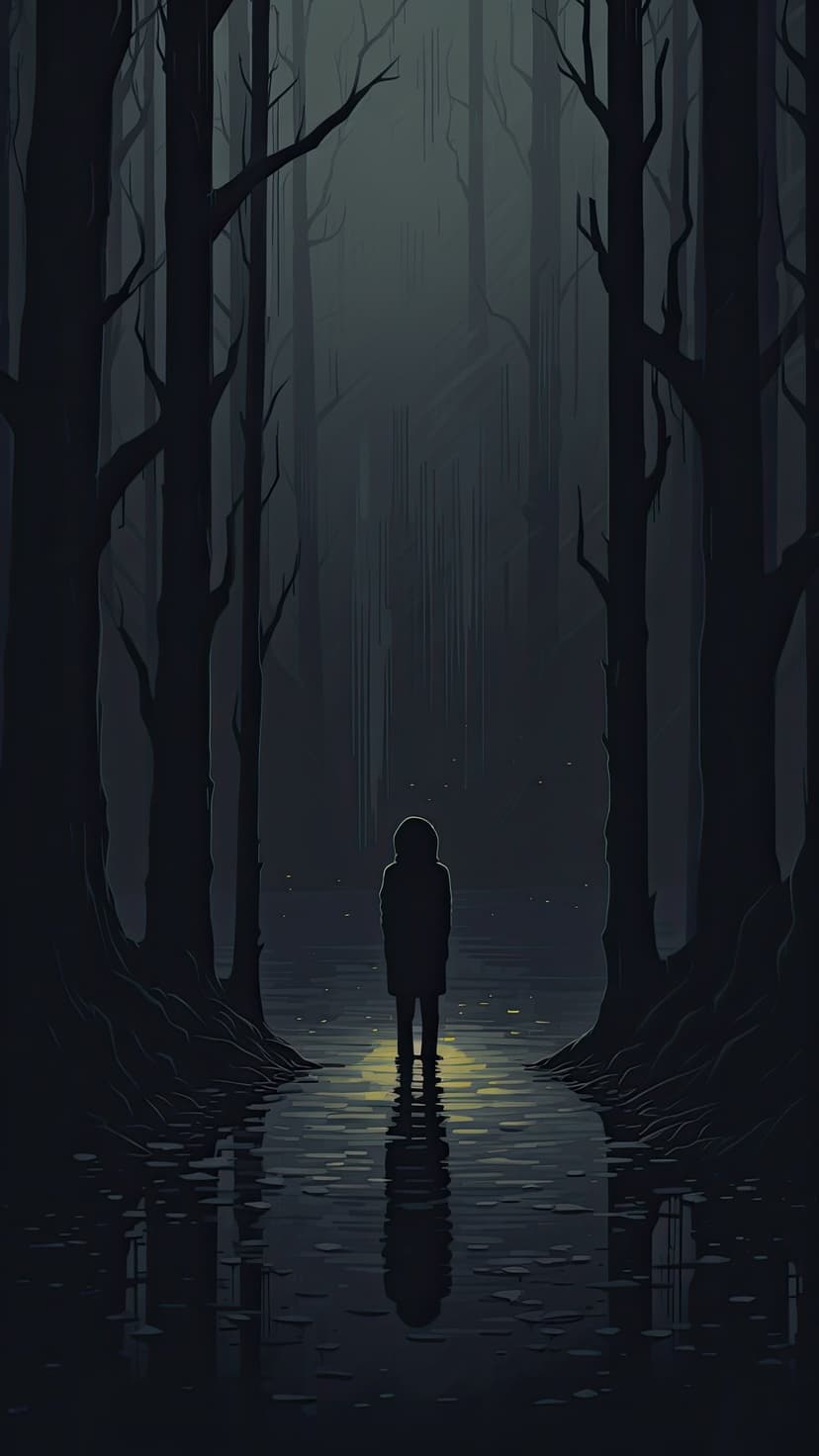 Solitary dark figure stands in a misty forest with bare trees and yellow light reflecting on wet ground.