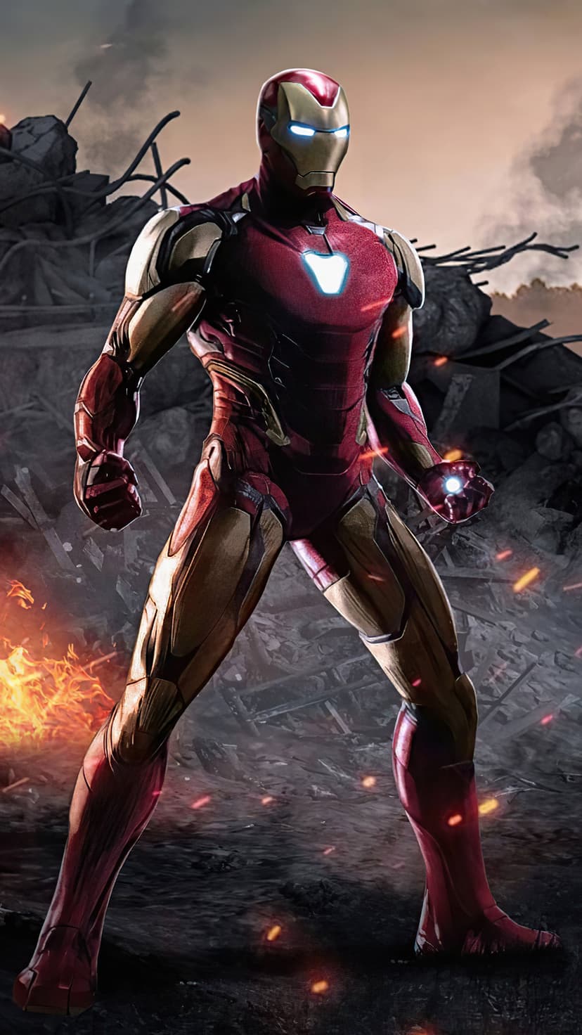 Iron Man in scuffed red and gold armor stands among burning ruins with a glowing chest piece and palm repulsors.