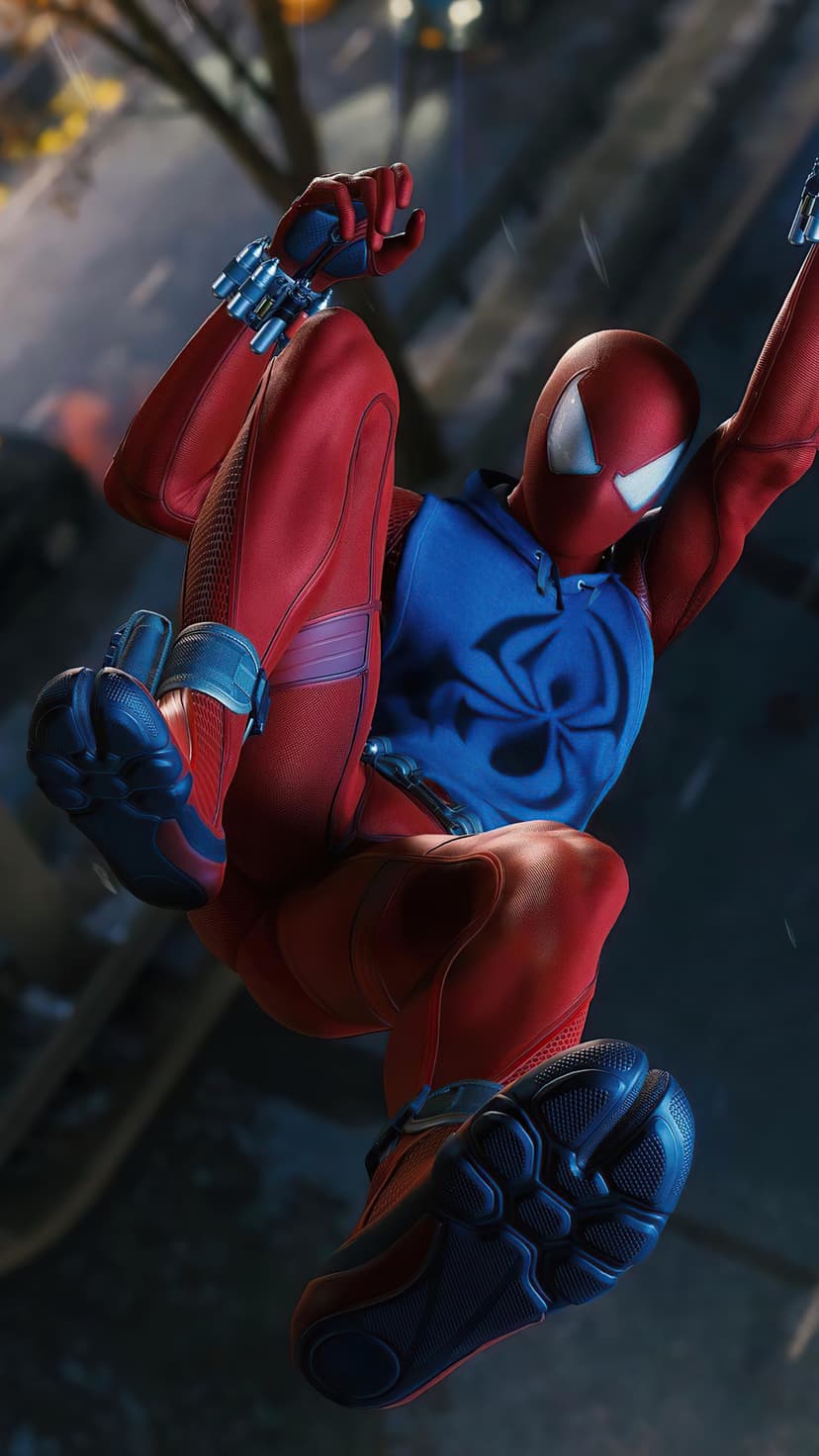 Scarlet Spider swings through rain against a blurred city, wearing a red suit with a large black emblem.