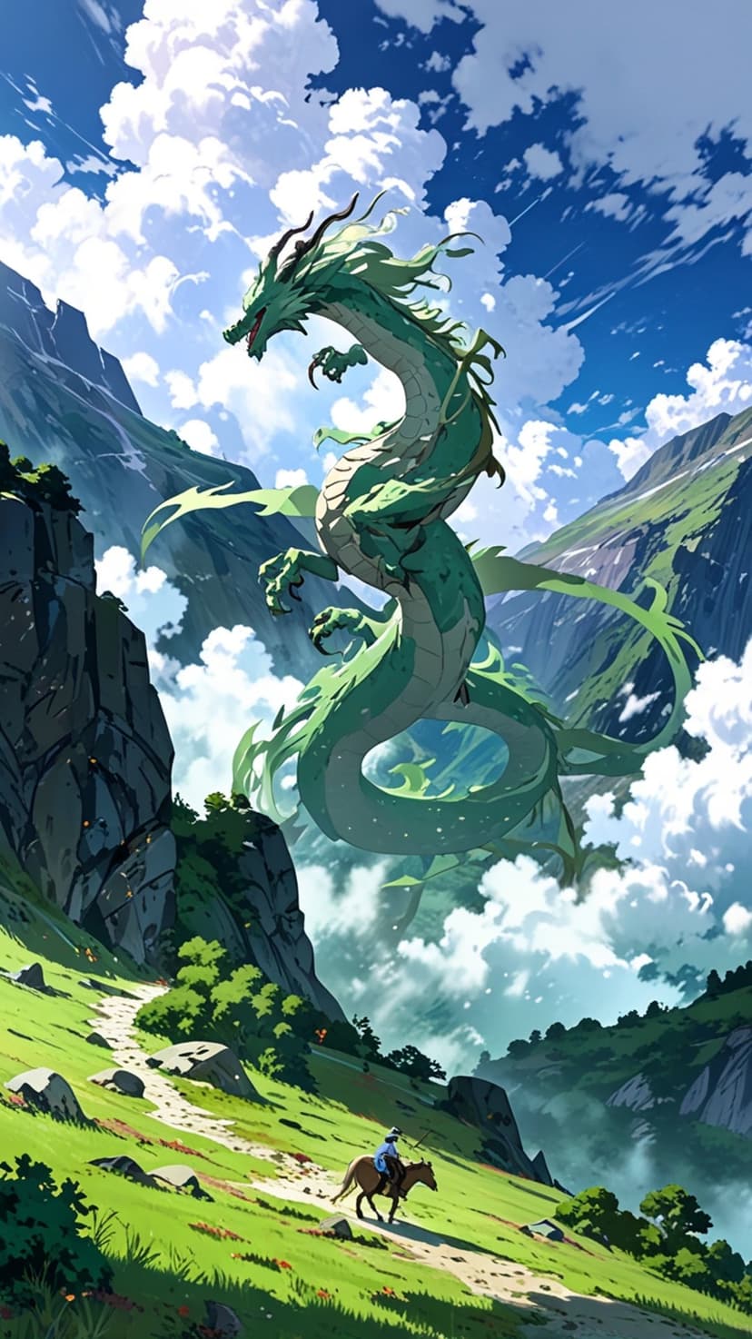 Green dragon with a flowing mane flies above a rider on horseback traveling through a mountain pass.