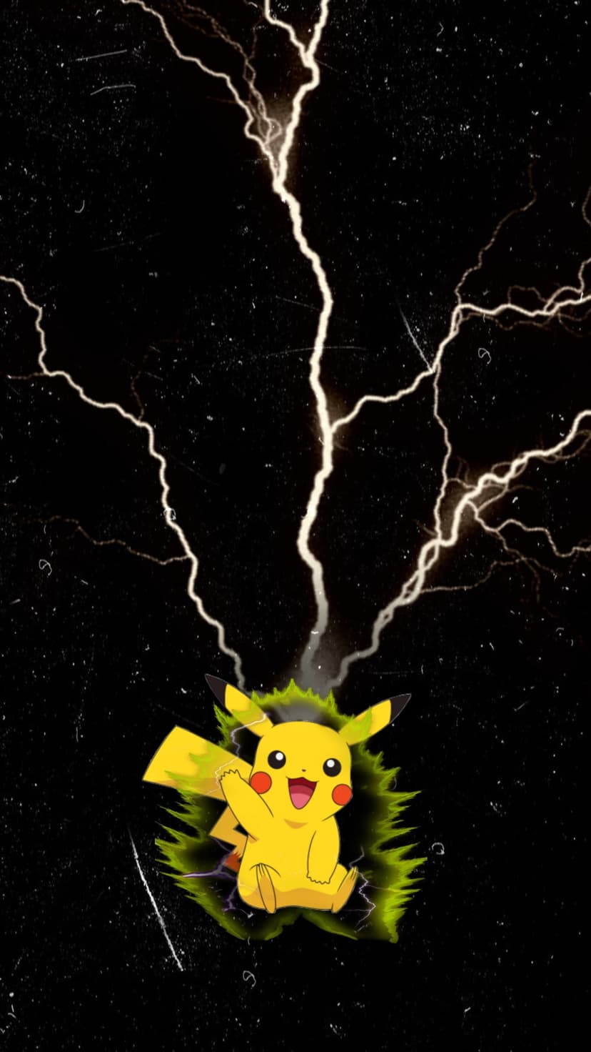 Pikachu sits amidst crackling white lightning and vibrant green energy bursts against a dark textured background.