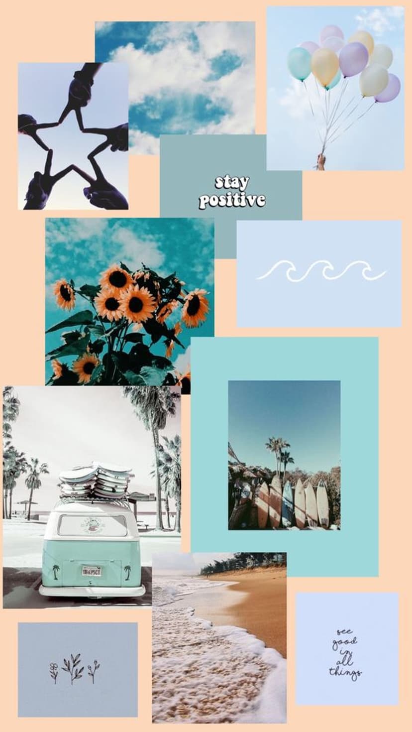 Sunflowers and a retro van feature in a coastal collage with balloons and surfboards under a clear blue sky.
