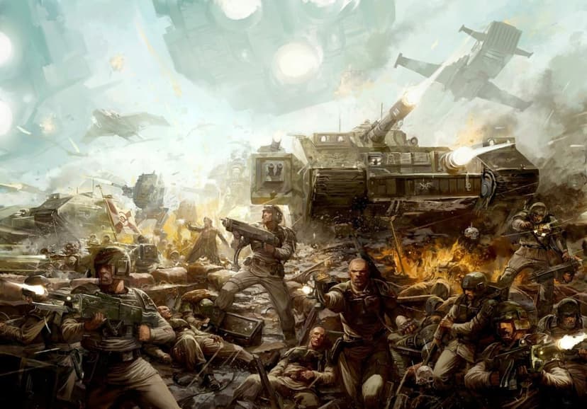 Futuristic soldiers defend a trench as massive tanks and aircraft engage in a chaotic, fiery warzone.