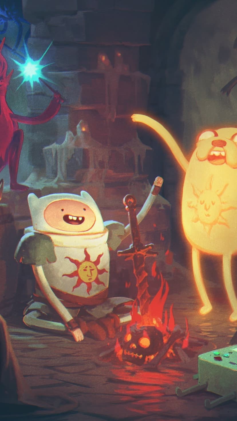 Finn in knight armor sits by a coiled sword bonfire with a glowing yellow dog and a red wizard casting blue magic.