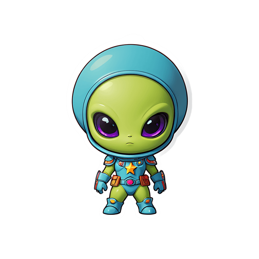 Green alien sticker wearing a blue armored space suit with purple eyes and a white outline standing.