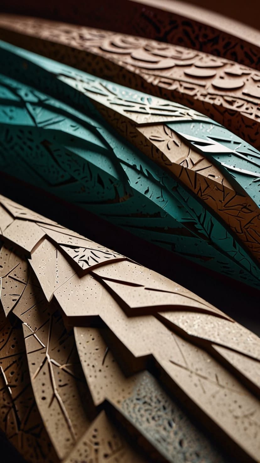 Teal and earthy brown layered surfaces feature intricate geometric cut-outs and soft shadows in a vertical view.