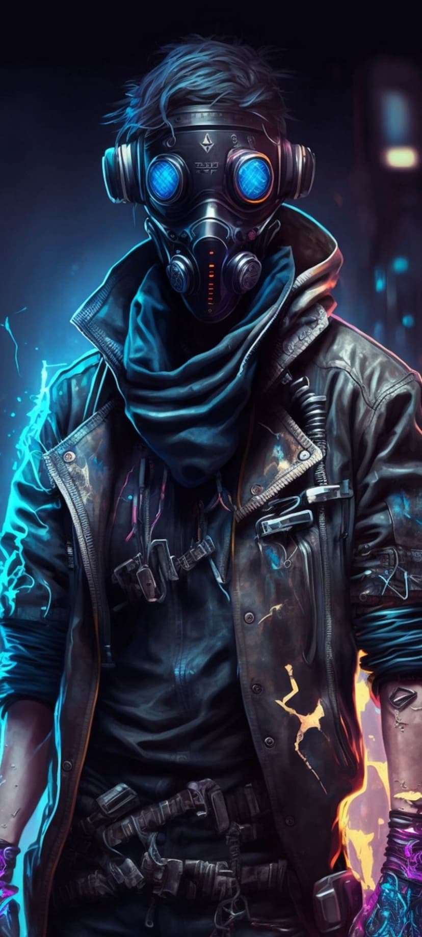 Cyberpunk character wearing a gas mask with glowing blue lenses and a buckled leather jacket in orange neon light.