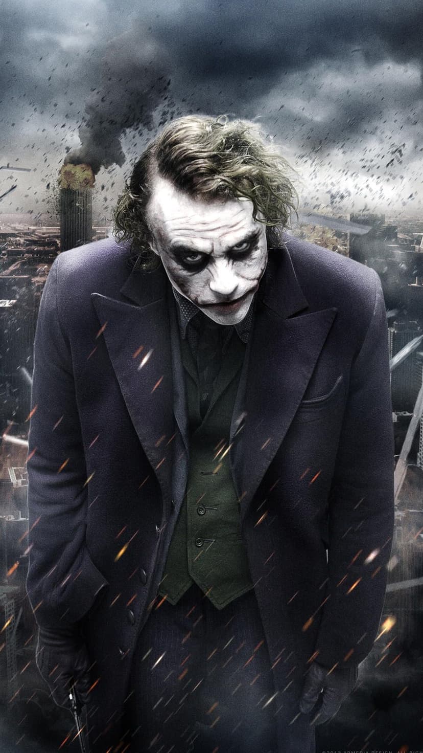 Joker variants played by Ledger, Phoenix, and Nicholson appear in vertical panels with fire and urban ruins.