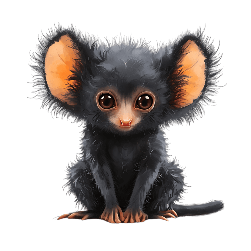 Sitting bushbaby primate character with large amber eyes, orange inner ears, and soft charcoal gray fur.