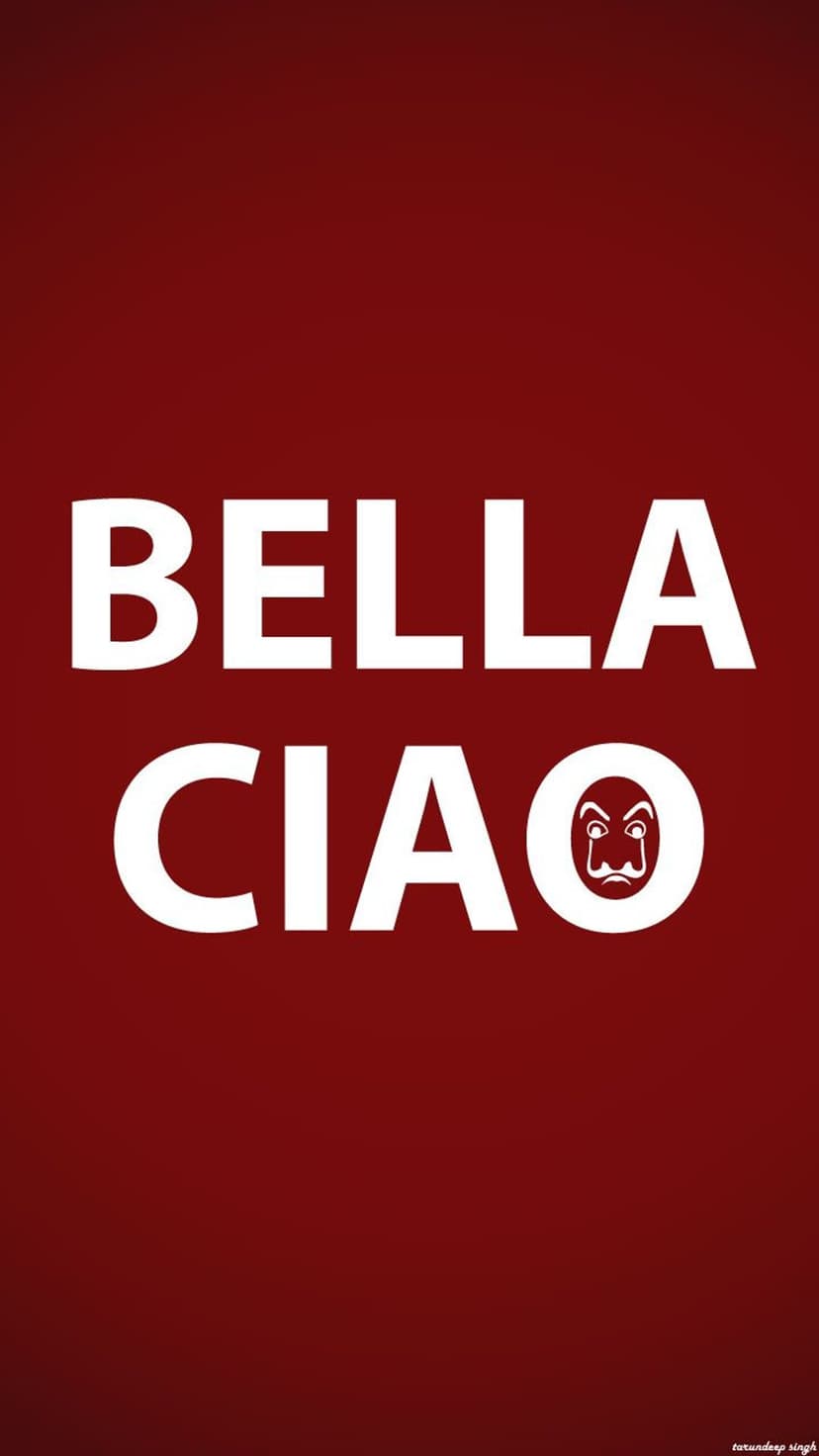 Salvador Dali mask replaces the letter O in Bella Ciao text over a solid red background for phone screens.