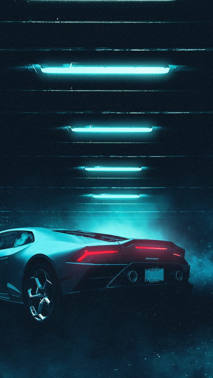 Sleek futuristic sports car with red taillights parked in a dark garage illuminated by rows of blue neon lights.