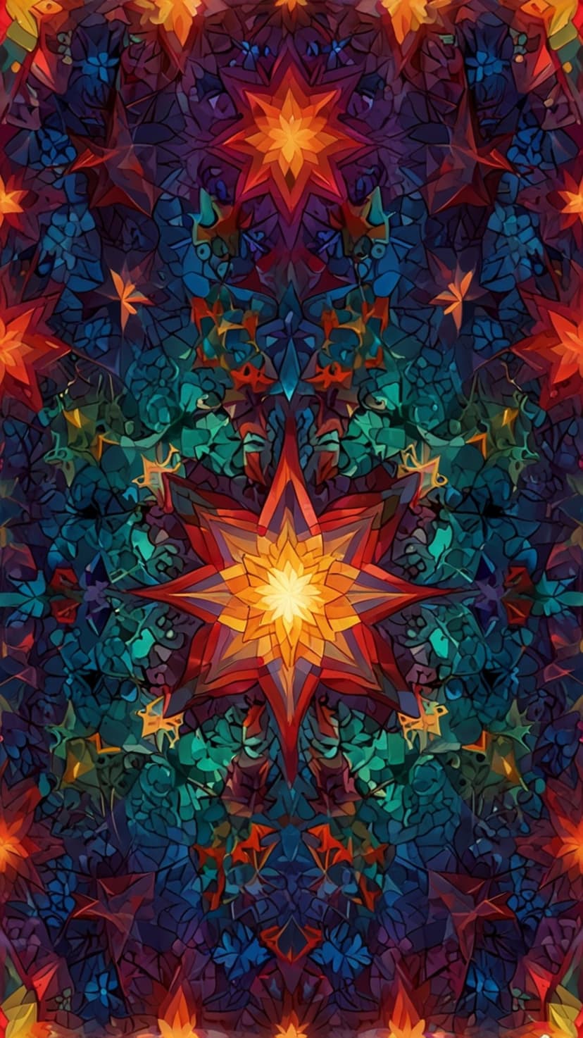Multi-pointed orange star surrounded by blue and purple geometric stained glass patterns in a radial layout.