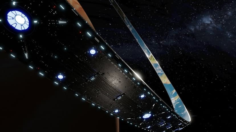 Close-up of a dark metallic space ring with glowing blue lights orbiting a planet and star-filled galaxy.
