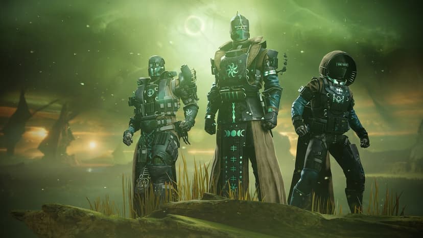 Three futuristic armored warriors standing in a glowing green misty swamp under a hazy alien sun.