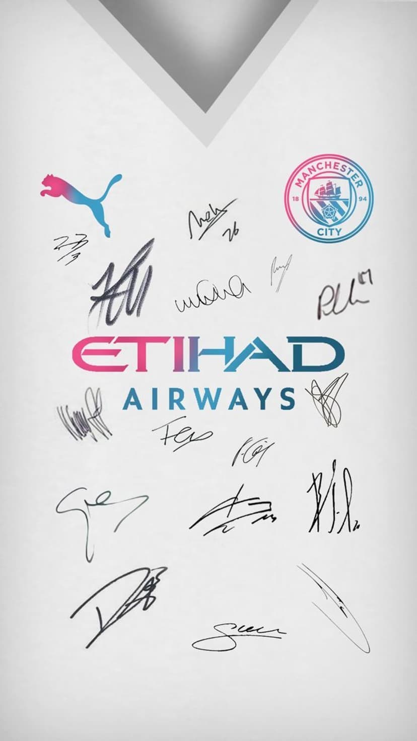 Manchester City crest in pink and blue surrounded by player autographs on a clean white background.