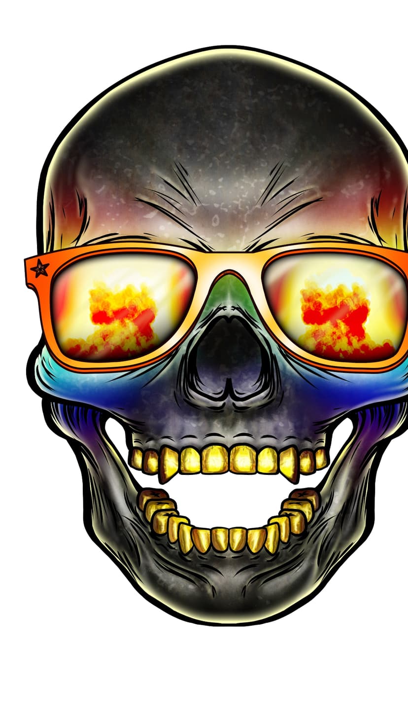 Human skull with orange sunglasses reflecting orange fire and explosions against a dark violet and blue background.