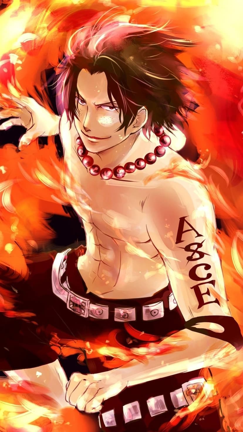 Portgas D. Ace poses shirtless amidst swirling orange fire, displaying his signature arm tattoo and red necklace.