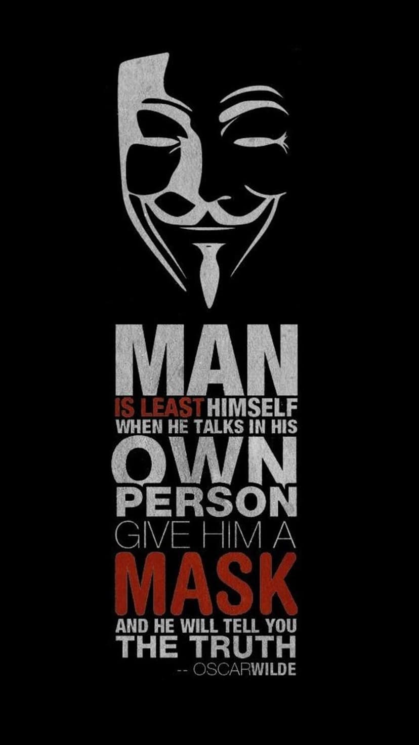Binary code sequences and physics formulas glow against a dark background next to a Guy Fawkes mask.