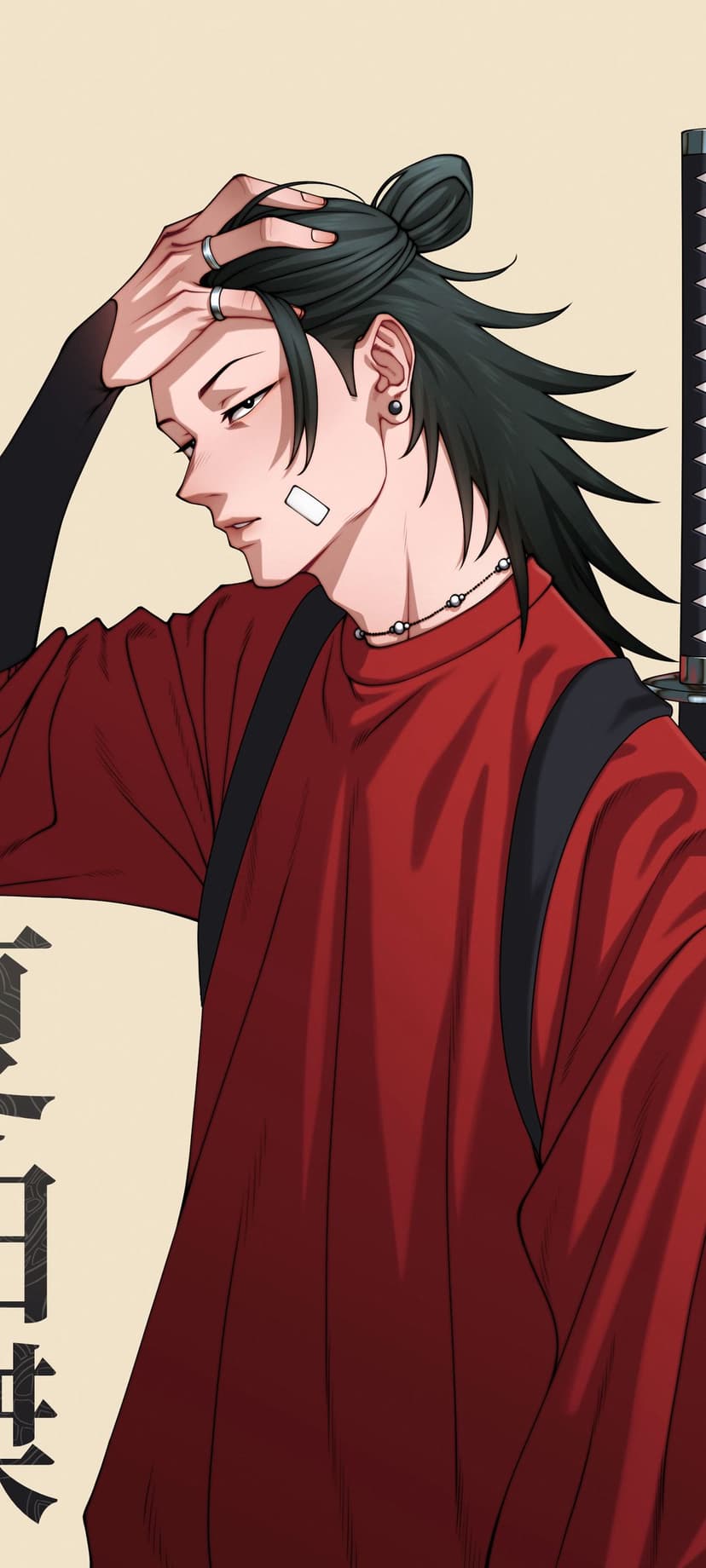Dark-haired man with a bun wearing a red shirt and backpack with a katana handle visible behind his shoulder.