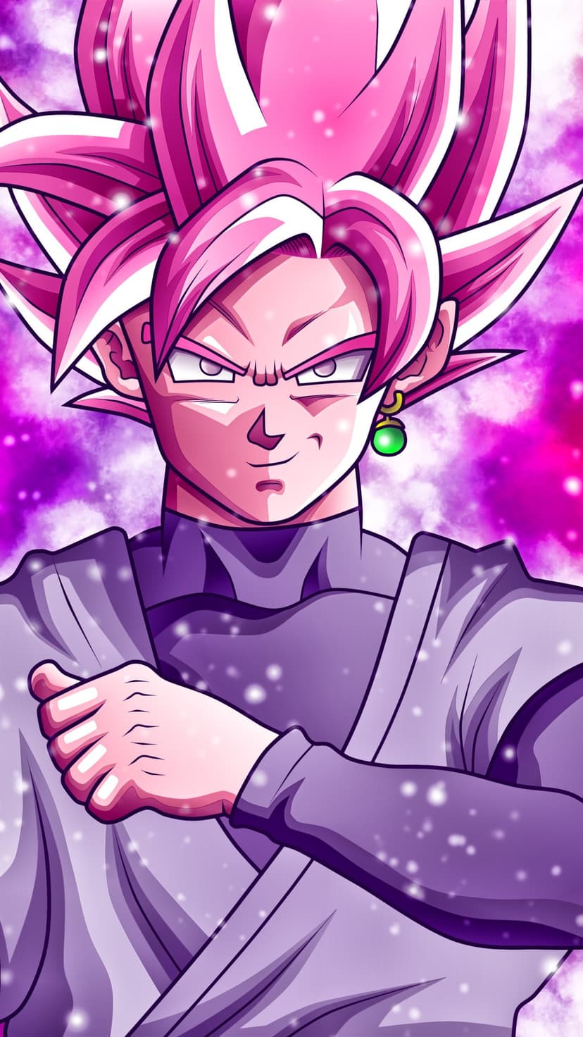Goku Black smirks with glowing pink hair and a violet energy aura against a starry purple cosmic background.