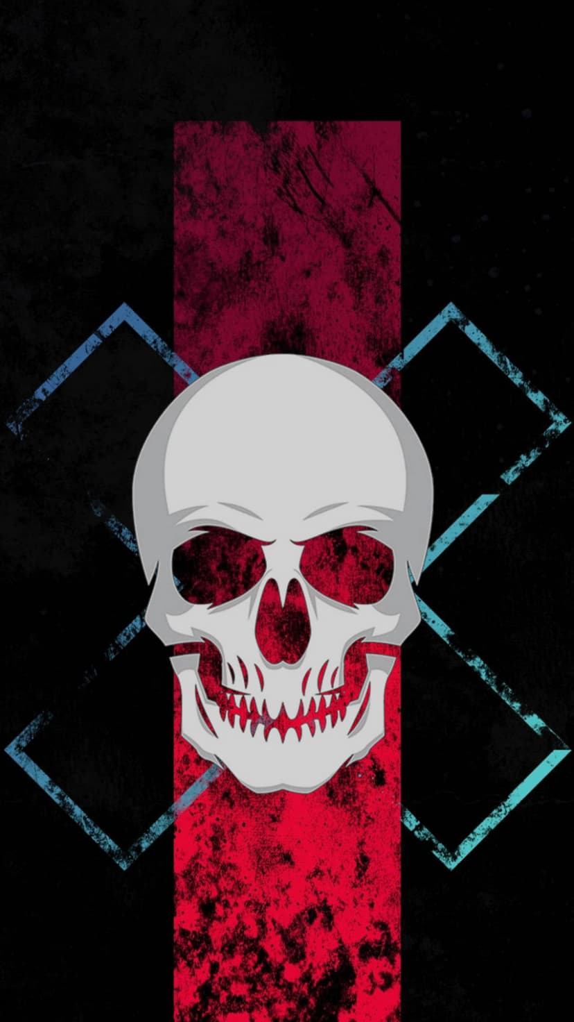 Weathered skull with red textured eye sockets and teeth against a black backdrop with blue geometric shapes.