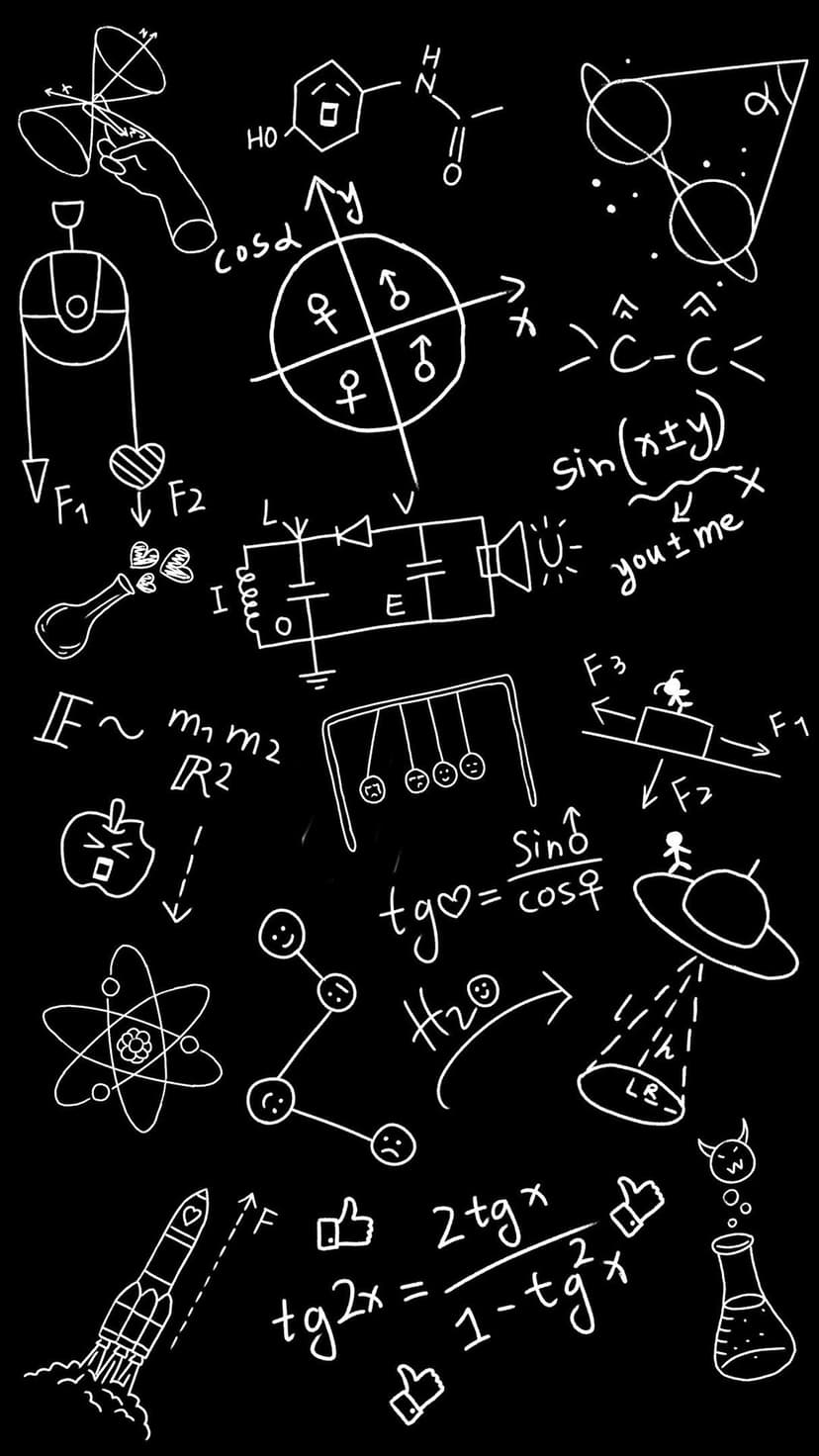 White chalk drawings of atoms, planets, and chemical formulas appear on a textured black chalkboard background.
